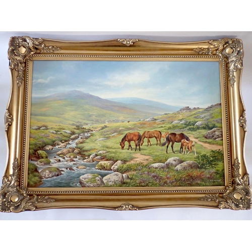 970 - S K Mitchell - oil on canvas, On the River Lyd Dartmoor with ponies by a stream, 50 x 74cm