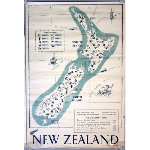 997 - Three vintage New Zealand advertising posters showing map of North & South Islands, Karapiro Hydro E... 