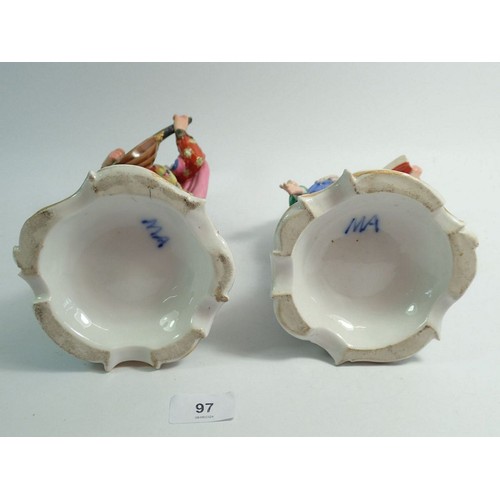 97 - A mid 19th century pair of French porcelain figures of mandolin player and singer in the style of Ja... 