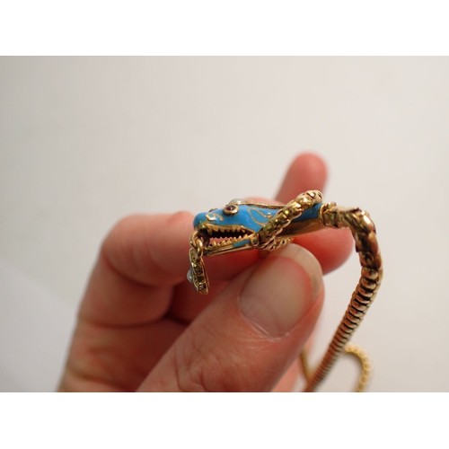 347 - A Victorian gold scale link necklace with turquoise enamel snakes head drop set  pearls and garnets,... 