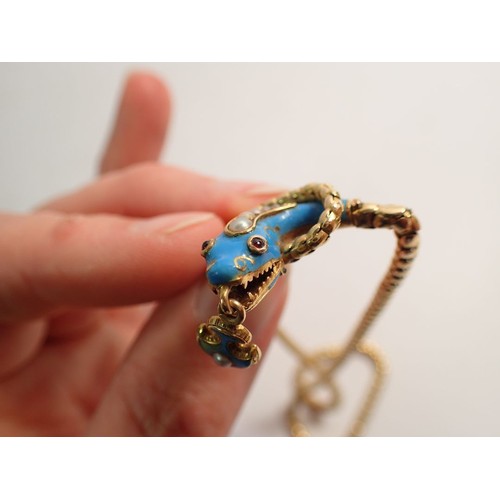 347 - A Victorian gold scale link necklace with turquoise enamel snakes head drop set  pearls and garnets,... 