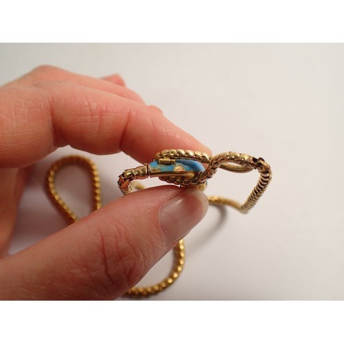 347 - A Victorian gold scale link necklace with turquoise enamel snakes head drop set  pearls and garnets,... 