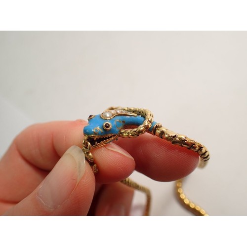 347 - A Victorian gold scale link necklace with turquoise enamel snakes head drop set  pearls and garnets,... 