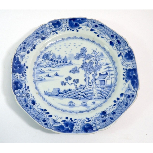 103 - An 18th century Chinese blue and white plate with landscape scene, 23cm diameter