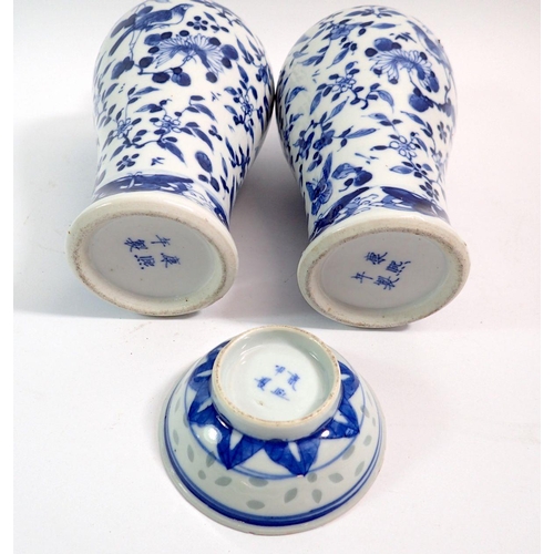 105 - A pair of Chinese blue and white baluster vases decorated birds, butterflies and flowers, four chara... 