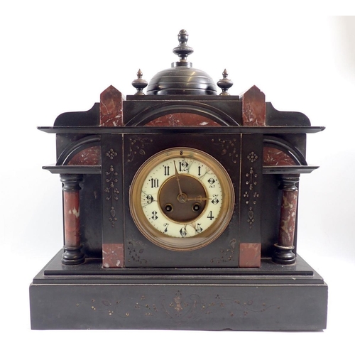 1102 - A Victorian slate and red marble mantel clock, 38cm wide