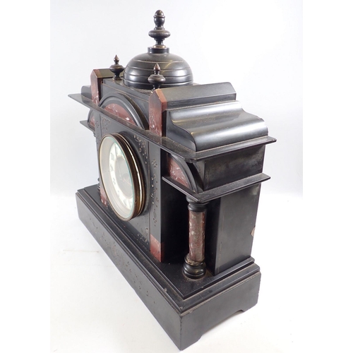 1102 - A Victorian slate and red marble mantel clock, 38cm wide