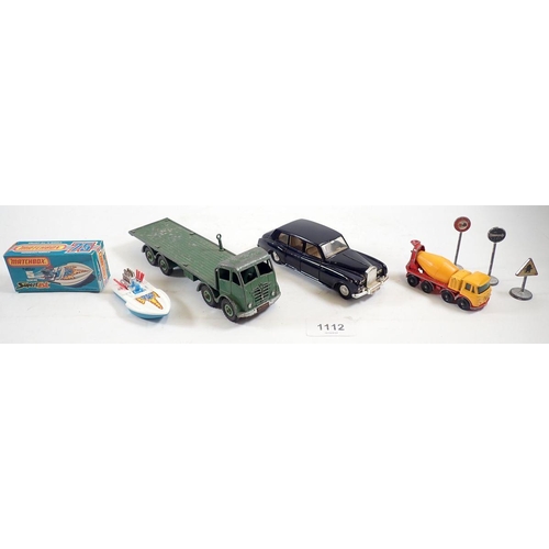 1112 - A boxed Matchbox Superfast 5 Seafire boat, a Matchbox concrete truck, Dinky lorry and Rolls Royce Ph... 