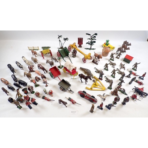 1117 - A group of Britains and various metal painted figures, farm trailers, animals etc.