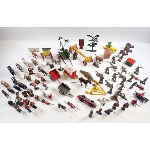 1117 - A group of Britains and various metal painted figures, farm trailers, animals etc.