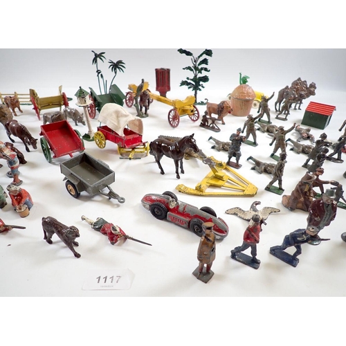 1117 - A group of Britains and various metal painted figures, farm trailers, animals etc.