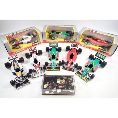 1118 - Burago die cast 1/24 Formula One cars including three boxed, Grand Prix F1, Benetton Ford and Ferrar... 