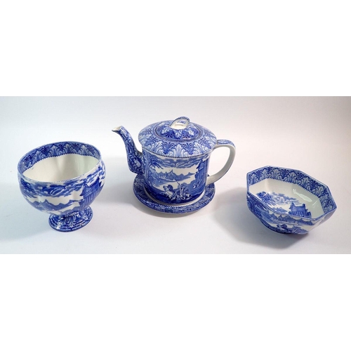 112 - A Cauldon blue and white teapot and stand, sugar bowl and pedestal bowl decorated Roman scenes