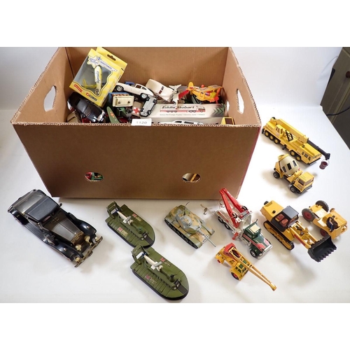 1120 - A box of various die cast vehicles including military, construction etc. Dinky, Matchbox, Corgi