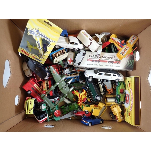 1120 - A box of various die cast vehicles including military, construction etc. Dinky, Matchbox, Corgi