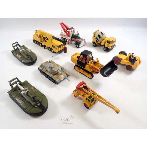 1120 - A box of various die cast vehicles including military, construction etc. Dinky, Matchbox, Corgi