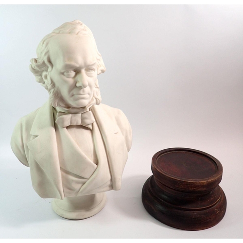 113 - A Victorian parian bust of Richard Cobden, on a waisted socle, impressed title, E.W. Wyon, dated 186... 