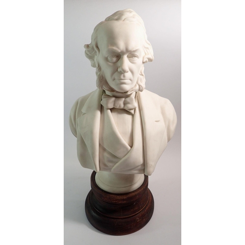 113 - A Victorian parian bust of Richard Cobden, on a waisted socle, impressed title, E.W. Wyon, dated 186... 