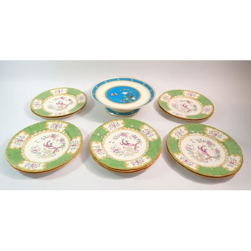 114 - A Minton's comport painted butterfly and flowers and eleven dessert plates decorated exotic bird and... 