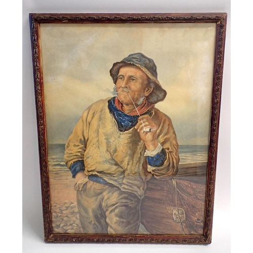 1150 - A 19th century watercolour fisherman smoking a pipe, 49 x 36cm