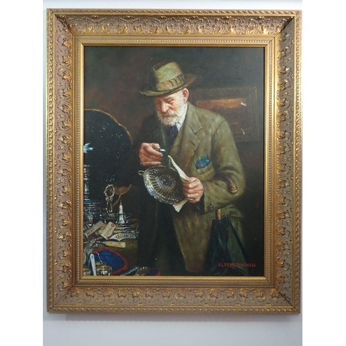 1153 - Alfred Fenshaw - oil on panel elderly gentleman in antiques shop looking at silver dish, 49 x 39cm