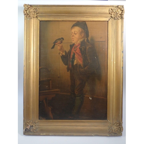 1154 - A Victorian chromolithograph boy with bird, 49.5 x 34cm