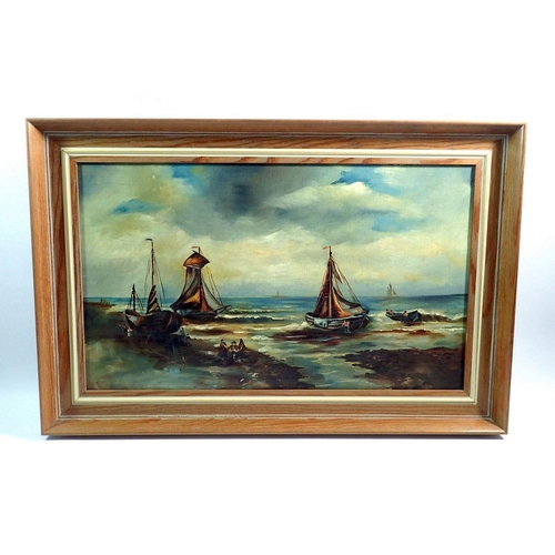 1158 - An oil on canvas coastal scene with fishing boats and figures on a beach, 29 x 49.5cm