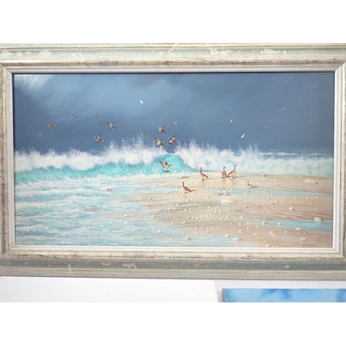 1173 - N Male - oil on board coastal scene with geese, 24 x 44cm, framed plus five smaller scenes by the sa... 