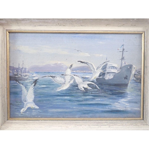 1173 - N Male - oil on board coastal scene with geese, 24 x 44cm, framed plus five smaller scenes by the sa... 