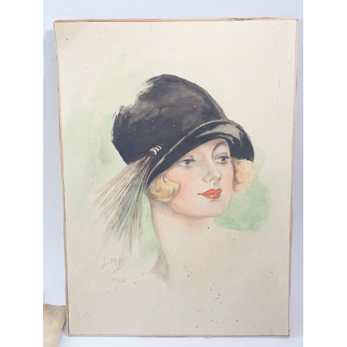 1179 - A 1920's watercolour of stylish young woman in a hat monogrammed DMB and a Folie Bergere 1899 silhou... 