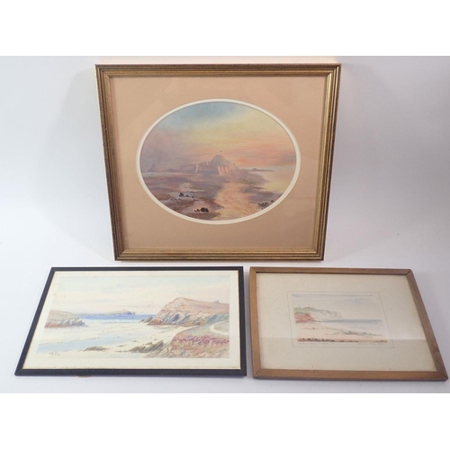 1183 - Two small watercolour coastal landscapes and an oval gouache by L Hagley coastal castle, 17 x 22cm