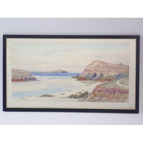 1183 - Two small watercolour coastal landscapes and an oval gouache by L Hagley coastal castle, 17 x 22cm