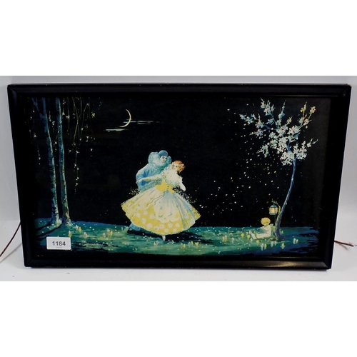 1184 - A Mary Gold vintage print of Pierrot and girl dancing in moonlight, 26 x 45cm