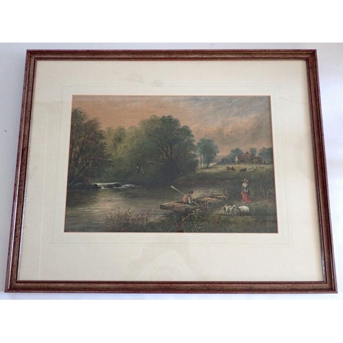 1186 - H E Stanley - watercolour pastoral river scene with punt and figures, 34 x 50cm