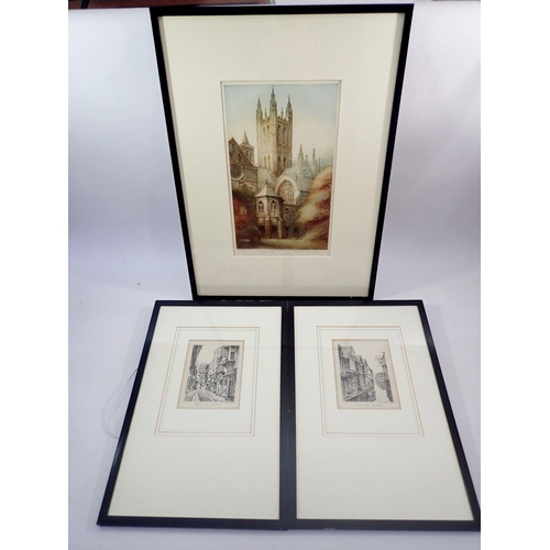 1192 - Edward Brewer - coloured etching of Canterbury Cathedral, 37 x 23cm and two other etchings of Canter... 