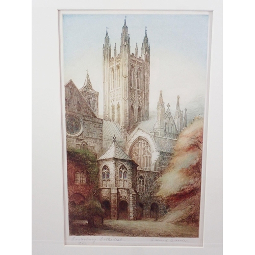 1192 - Edward Brewer - coloured etching of Canterbury Cathedral, 37 x 23cm and two other etchings of Canter... 