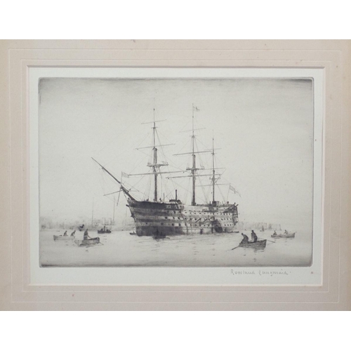 1196 - Rowland Langmaid - etching HMS Victorian at Portsmouth - unframed, 17 x 23cm