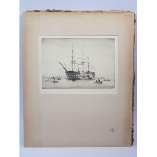 1196 - Rowland Langmaid - etching HMS Victorian at Portsmouth - unframed, 17 x 23cm