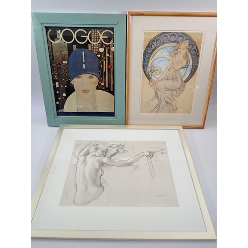 1197 - A reproduction Art Deco Vogue print, 36 x 26cm plus two prints of ladies