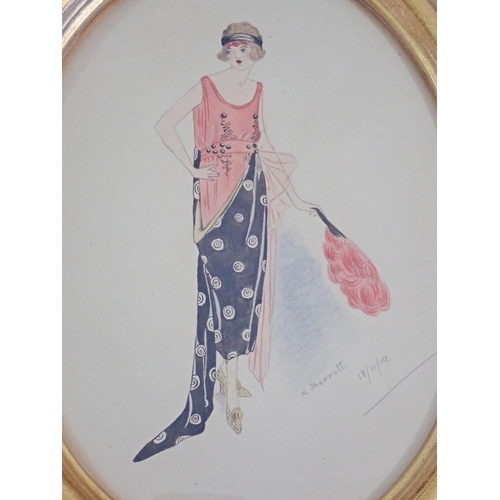 1199 - K Sherratt - pair of watercolours girls in Art Deco costume, signed and dated 18/11/19, 22 x 16cm