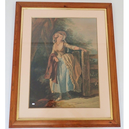 1203 - A Baxter print of a lady by a country gate published 6th Feb 1858 by G Baxter, 64 x 47cm