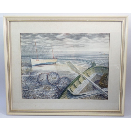 1208 - Reg Batterbury (1913-2007) - watercolour drawing lobster pots and fishing boats on shore, labelled v... 