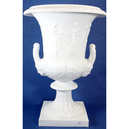 121 - A Ginori porcelain large campana style urn with classical figures in relief on plinth base, 63cm tal... 