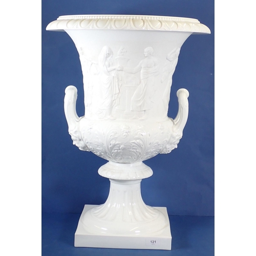 121 - A Ginori porcelain large campana style urn with classical figures in relief on plinth base, 63cm tal... 