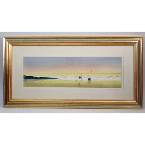 1212 - David Hall - watercolour fishermen on beach, 13.5 x 44cm