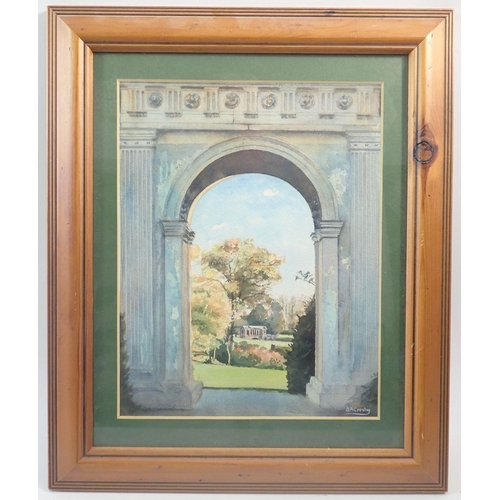 1214 - B A Crosby - watercolour Stowe Garden archway, 24 x 19cm