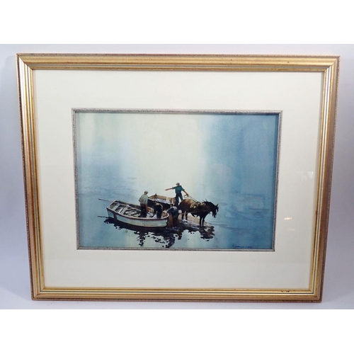 1216 - Cameron Street - watercolour oyster catchers with horse-drawn cart, rowing boat and fisherman, signe... 