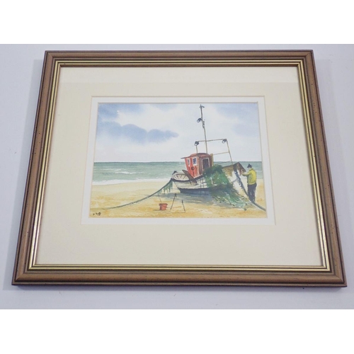 1218 - David Hall - watercolour fisherman and fishing boat, 14 x 19cm