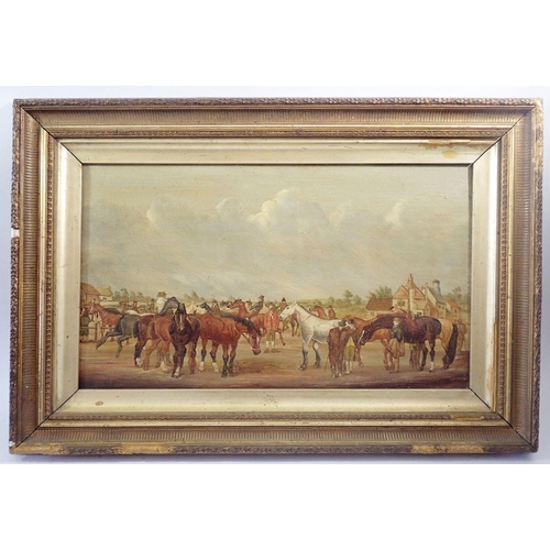 1219 - A 19th century naive Irish oil on canvas Donegal Horse Fair, 29 x 50cm