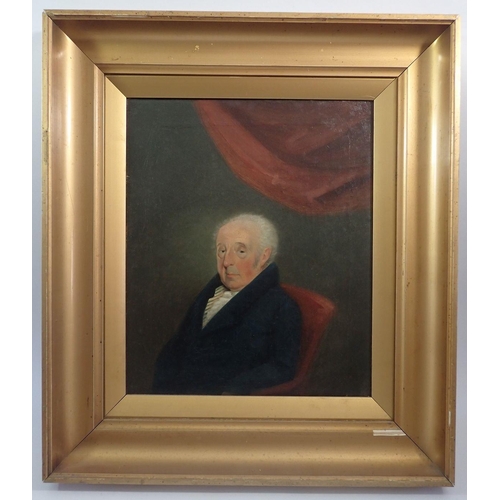 1221 - A 19th century portrait of an old man with red chair and drape, 37 x 24.5cm